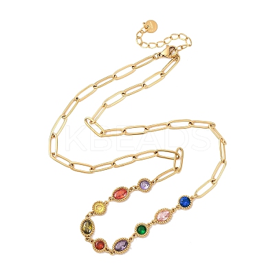 304 Stainless Steel Colorful Cubic Zirconia Flat Round Oval Link Chain Necklaces for Women NJEW-A051-06G-1