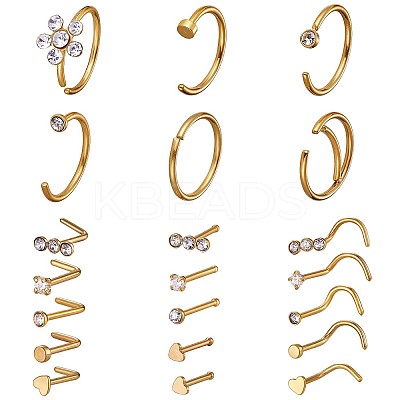 21Pcs 21 Style Clear Cubic Zirconia Flower & Flat Round & Heart Nose Studs & Rings Set JX527C-1