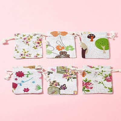 24Pcs 6 Colors Floral Animal Printed Burlap Packing Pouches ABAG-FS0001-13-1