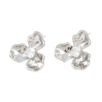 Flower Brass Micro Pave Clear Cubic Zirconia Stud Earring Findings KK-F921-03P-1