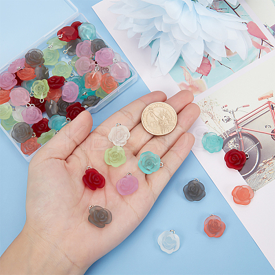 70Pcs 7 Colors Transparent Frosted Resin Rose Pendants RESI-PH0001-74-1