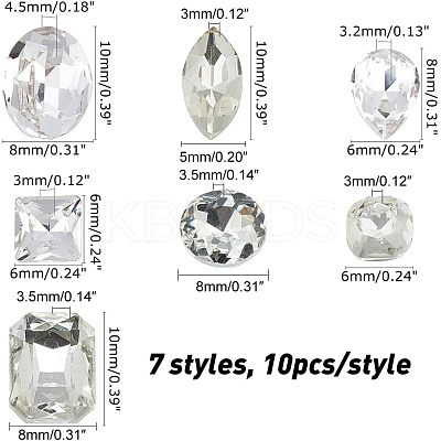 70Pcs 7 Style DIY Pointed Back K9 Glass Rhinestone Cabochons RGLA-CA0001-07-1