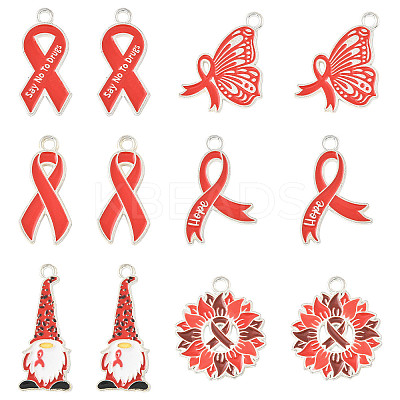 14Pcs 6 Styles No To Drugs Red Awareness Ribbon Theme Alloy Enamel Pendants ENAM-FS0003-47-1