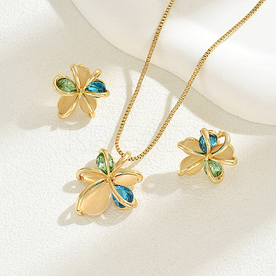 Flower Brass & Cubic Zirconia & Cat Eye Pendant Necklaces & Stud Earrings Sets FS-WG756F6-01-1
