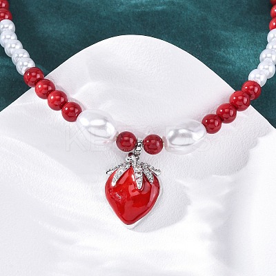 Strawberry Brass Micro Pave Clear Cubic Zirconia Red Enamel Pendant Necklaces for Women NJEW-G162-04P-1
