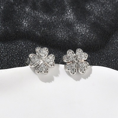 Clover Brass Micro Pave Clear Cubic Zirconia Stud Earrings EJEW-F383-09P-1