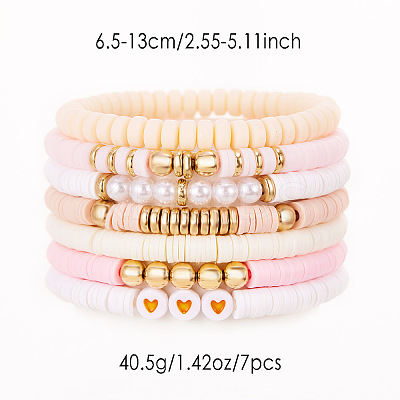 7Pcs Heart Pattern Polymer Clay & Plastic Pearl & CCB Plastic Beaded Stretch Bracelet Set for Women FS-WG634BB-05-1