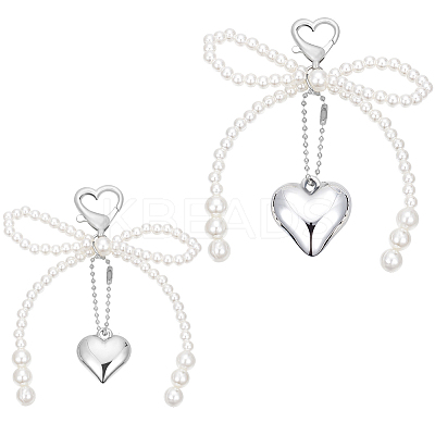 2Pcs 2 Styles Heart & Bowknot Acrylic Imitation Pearls Pendant Decorations HJEW-BBC0001-04-1