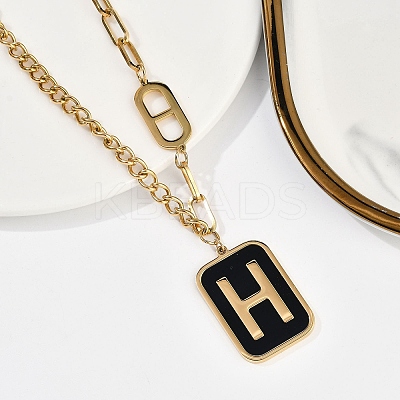 Ion Plating(IP) 304 Stainless Steel Black Enamel H Rectangle Pendant Twisted Chain Necklaces for Women NJEW-M078-01G-1