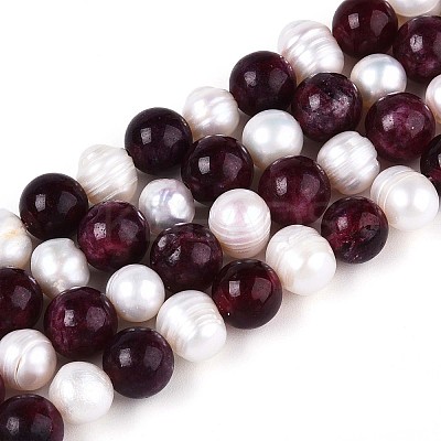 Dyed Natural Garnet Round & Natural Cultured Freshwater Pearl Grooved Potato Beads Strands PEAR-N019-12-1