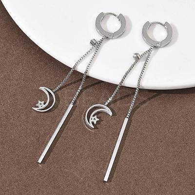 304 Stainless Steel Crystal Rhinestone Moon with Star Tassel Hoop Earrings EJEW-G453-03P-1