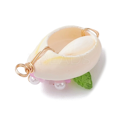 Natural Cowrie Shell Copper Wire Wrapped Flower Pendants PALLOY-JF03833-1