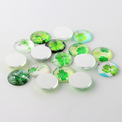 Half Round/Dome Four Leaf Clover Glass Cabochons GGLA-A002-12mm-CC-1