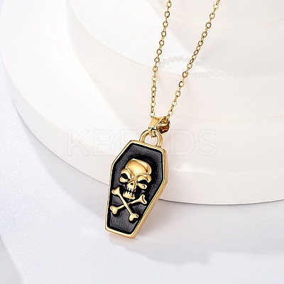 Halloween Theme 304 Stainless Steel Black Enamel Coffin with Skull Pendant Necklaces for Men LS-NJEW-Z090-01G-1