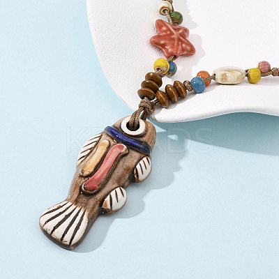 Ceramic Fish Pendant Adjustable Waxed Cord Necklaces for Women LS-NJEW-B146-03-1