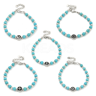 304 Stainless Steel & Synthetic Turquoise Round Beaded Bracelets for Women BJEW-G717-10-1