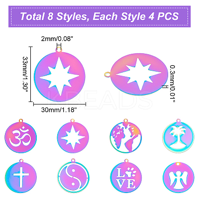 32Pcs 8 Style Ion Plating(IP) 201 Stainless Steel Pendants STAS-UN0038-99-1