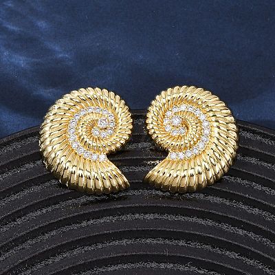 Brass Micro Pave Clear Cubic Zirconia Conch Stud Earrings EJEW-H165-07G-1