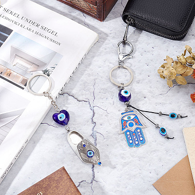 2Pcs 2 Style Turkish Blue Evil Eye Lucky Shoes/Hamsa Hand/Hand of Miriam Pendant Alloy Keychain KEYC-AR0001-27-1