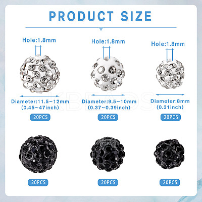 120Pcs 6 Styles Rhinestone Pave Disco Ball Beads RB-TA0001-14-1