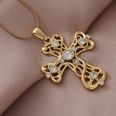 Vintage 304 Stainless Steel with Clear Glass Hollow Cross Pendant Necklaces for Women MR8108-1