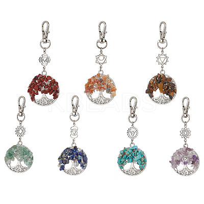 Chakra Natural & Synthetic Gemstone Chips Beads & Alloy Tree of Life Pendant Decorations HJEW-JM03128-1