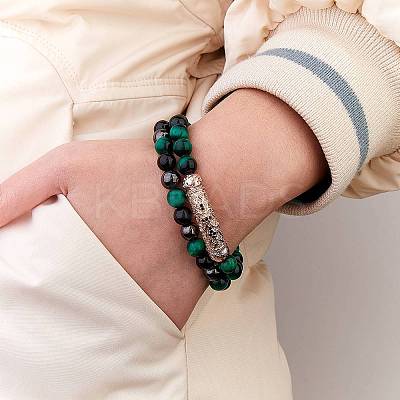 2Pcs 2 Style Dyed & Heated Natural Tiger Eye & Gemstone Stretch Bracelets Set BJEW-SW00089-1