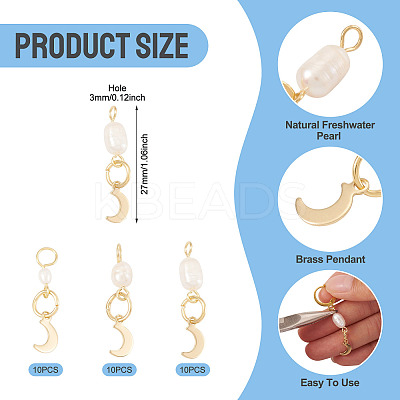 30Pcs 3 Styles Natural Cultured Freshwater Pearl & 201 Stainless Steel Moon Pendants PALLOY-TAC0317-1