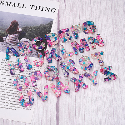 26Pcs 26 Letters Transparent Epoxy Resin Pendants CRES-TA0001-15-1