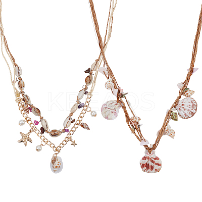 2Pcs 2 Styles Natural Shell Pendants Bib Necklaces Set with Polyester Cords NJEW-AN0001-66-1
