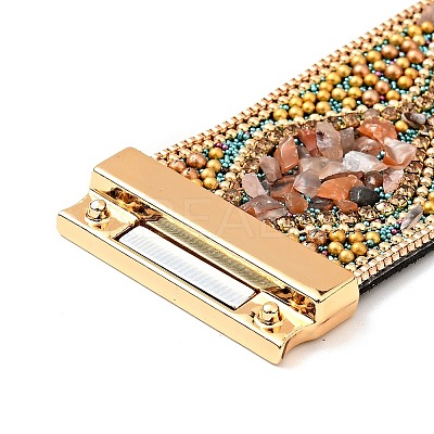 Natural Carnelian Chips & Rhinestone & Alloy Beaded PU Leather Cord Bracelet with Magnetic Clasp BJEW-I305-01E-1-1