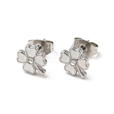 Enamel Clover with Crystal Rhinestone Stud Earrings with 316 Surgical Stainless Steel Pins EJEW-A081-12P-1