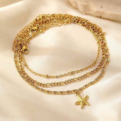 Summer Beach 304 Stainless Steel Starfish Charms 3 Layer Anklets for Women LS-AJEW-F068-01G-1