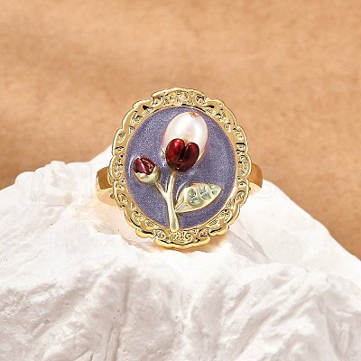 Flower Pattern Brass Enamel & Natural Freshwater Pearl Open Cuff Rings for Women RJEW-G342-01G-02-1
