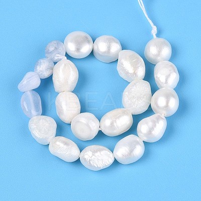 Natural Blue Lace Agate Nuggets & Natural Cultured Freshwater Pearl Beads Strands PEAR-N023-01A-04-1