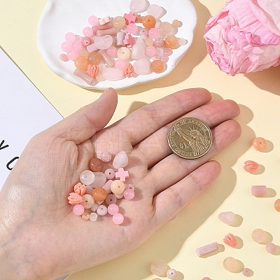130Pcs 11 Styles Synthetic Coral & Natural Pink Opal & Dyed Malaysia Jade & Rose Quartz & Pink Aventurine Beads G-YW0002-98-1