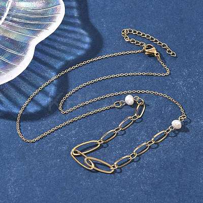 304 Stainless Steel & Glass Pearl Oval Link Chain Necklaces for Women NJEW-A045-04G-1-1