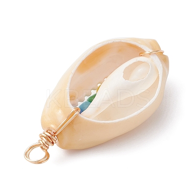 Natural Cowrie Shell Copper Wire Wrapped Pendants PALLOY-JF02302-1