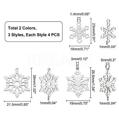 24Pcs 3 Style 201 Stainless Steel Snowflake Pendants STAS-DC0004-17-1