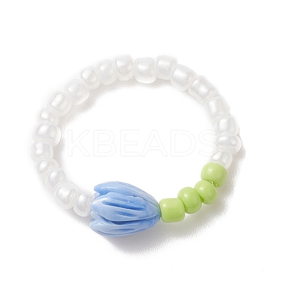 Flower Bud Synthetic Coral & Glass Seed Beaded Stretch Ring for Women RJEW-JR00557-1
