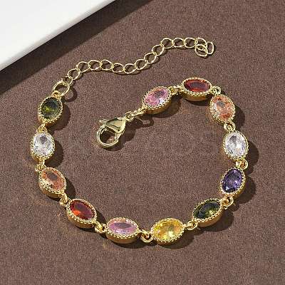Oval Brass Pave Cubic Zirconia Link Chain Bracelets for Women BJEW-P385-02G-1