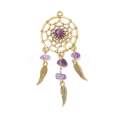 9Pcs 9 Styles Natural & Synthetic Mixed Chip Stone Alloy Woven Web/Net with Feather Big Pendants PALLOY-JF04033-1
