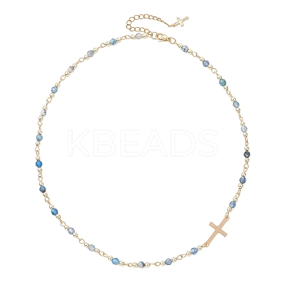 Faceted Dyed Natural Agate Round Beads & 304 Stainless Steel Tiny Cross Handmade Link Chain Necklaces NJEW-JN05842-01-1