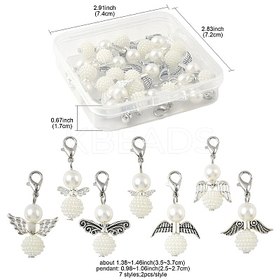 14Pcs 7 Styles ABS Plastic Imitation Pearl & Alloy Pendant Decorations HJEW-FS00042-02-1