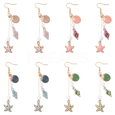 304 Stainless Steel Starfish with Shell Shape Dangle Earrings EJEW-YW00012-01-1