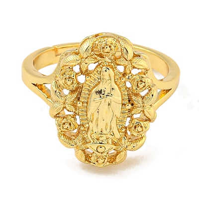 Oval with Saint Rack Plating Brass Adjustable Rings for Women RJEW-I105-03G-01-1