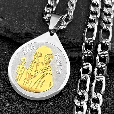 Teardrop with Father St. Benedict Pattern 201 Stainless Steel Pendant Necklaces for Men Women LS-NJEW-K283-19G-1