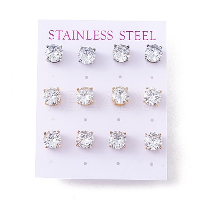 6 Pairs Cubic Zirconia Flat Round Stud Earrings EJEW-G291-05D-M-1