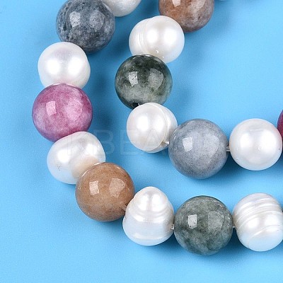 Dyed Natural White Jade Round & Natural Cultured Freshwater Pearl Grooved Potato Beads Strands PEAR-N019-05-1