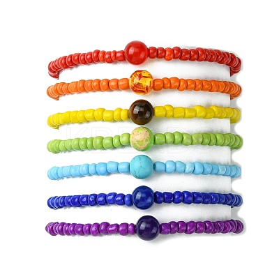 7Pcs 7 Style Natural & Synthetic Mixed Gemstone & Glass Seed Beaded Stretch Bracelets Set BJEW-JB09659-1